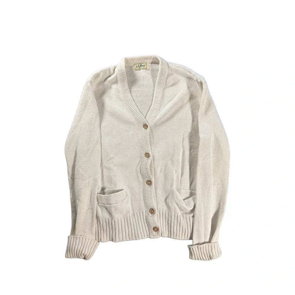 Vintage 80s LL Bean Cardigan Sweater Cream Cotton Knit V-Neck Button Front 797